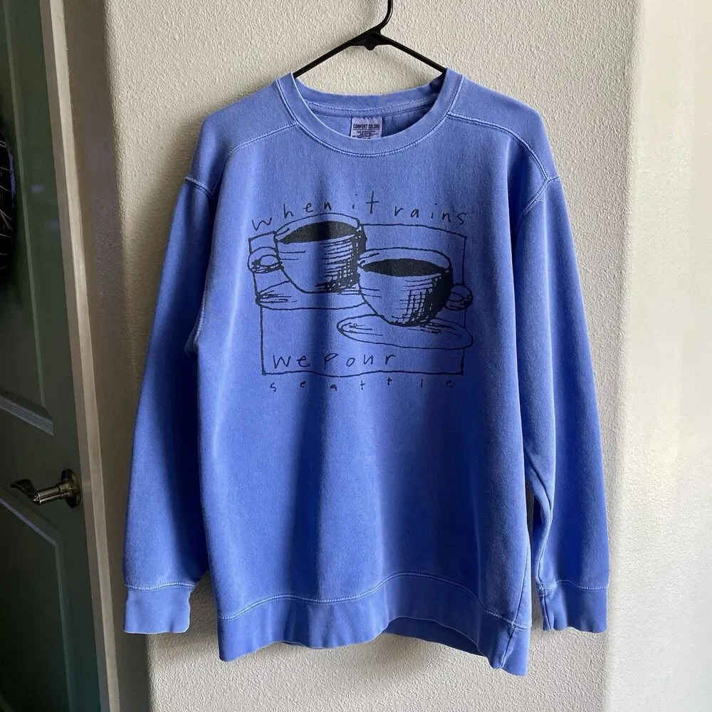 Seattle “when It Rains We Pour” Unisex Crewneck Sweatshirt Blue Size Medium
